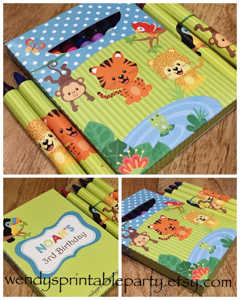 Cute Jungle Animals themed crayon box and matching crayon wrappers PDF templates. Include personalised message on the back. Great for a boy or girl jungle, explorer or craft idea school.  Includes jungle images tiger monkey parrot leopard