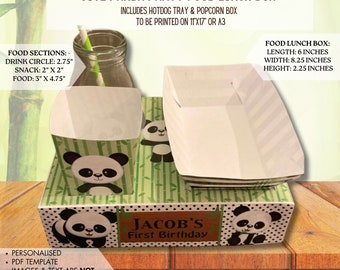 Plantilla PDF Cute Panda Party Food Lunch Box con bandeja para hotdogs y caja de palomitas de maíz (imprimible por usted /DIY) Selva, cumpleaños de la selva tropical, animal de bambú