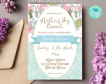 Muttertags-Brunch-Einladung, Aquarell mit Blumen, Frühlings-Mama, Großmutter, elegantes rosa und Türkis EDITIERBARE Corjl, sofortiger Download