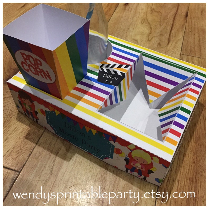 This personalized, DIY / "PRINTABLE BY YOU" colourful rainbow striped children's movie Themed Party Food Lunch Box together with matching HotdogTray & Popcorn Box would be perfect for any movie themed party or movie night!