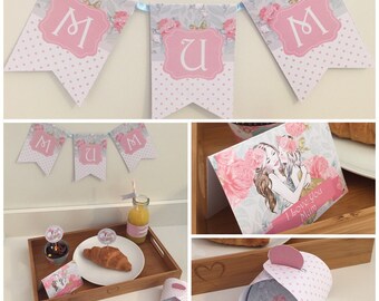 Instant Download PDF template Mother's Day Breakfast in Bed Package Printable by you & DIY see listing for description of items, mummy/mommy