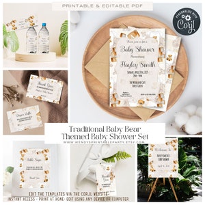 May include: Printable baby shower invitation set with a traditional baby bear theme. The invitation features a brown teddy bear with a blue bow tie and a background of wooden blocks. The text on the invitation reads "Please join us for a Baby Shower Honoring Hayley Smith Sunday, April 20th, 2025 2PM-4PM The Woodland Cafe Forest Green RSVP 123 456 7890".