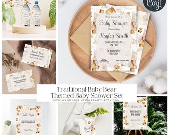 Traditional Teddy Bear Baby Shower bundle, FREE PLANNER. wooden blocks watercolor bearly wait neutral unisex editable Corjl Instant Download