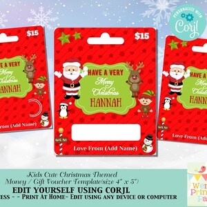 May include: Red Christmas-themed gift voucher template with Santa Claus, reindeer, and elf illustrations. The voucher has the text "Have a Very Merry Christmas" and a space for a name. The price is $15.