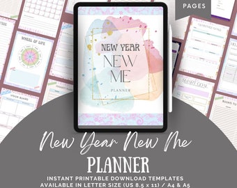 New Year New Me Planner Bundle Editable PDF Instant Digital Download Printable Monthly Challenge, Goals, Inspiration, New Years Resolution