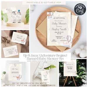 May include: Printable baby shower invitation set with a hot air balloon theme. The set includes a welcome sign, table sign, thank you tag, diaper raffle card, and invitation. The invitation features a cute cartoon bear in a hot air balloon with the text "Up Up & Away" and "Baby Shower Honoring Hayley Smith".