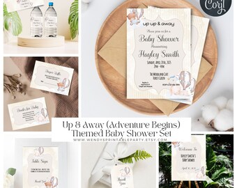 Up & Away Baby Shower bundle, Let The Adventure Begin, Hot Air Balloon, watercolor bear neutral unisex set editable Corjl Instant Download