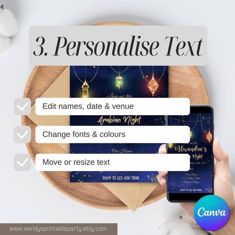 May include: An invitation design for an Arabian Night party, featuring a navy blue background with gold accents and hanging lanterns. The design includes the text "Arabian Night" and options to personalize text, edit names, and change fonts.