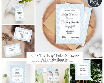 Blue "Its a Boy" Baby Shower bundle, Toy car block, Storks, Sweet Boy, Mommy to Be, Special delivery, Invite editable Corjl Instant Download