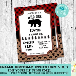 Lumberjack First Birthday printable set. With red and black plaid background and brown with black bears baby bear images.  Baby Boy party set . Inc invitation, welcome sign, thankyou card, gift tags, banner water bottle labels. Edit Corjl.