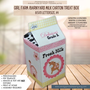 Modelo de PDF Girl Farm / Barnyard Theme Milk Carton Favor Box (personalizado, imprimível por você e faça você mesmo) veja a descrição para detalhes / trator
