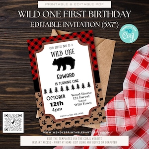 May include: Editable invitation for a first birthday party with a woodland theme. The invitation features a black bear silhouette, a red and black buffalo plaid pattern, and the text "Wild One". The invitation also includes the child's name, "Edward", the date and time of the party, and the location.