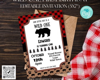 Lumberjack First Birthday Party Invitation, Wild One, Plaid Red & Black Rustic Baby Bear First Birthday Boy EDITABLE Corjl, Instant Download