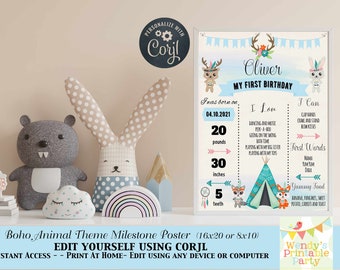 EDITABLE - Boho Woodland / Forest Animal Birthday Milestone Prop, Corjl Edit,  Instant Download, PDF & Jpeg template- details in description