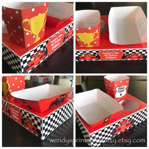 PDF テンプレート レースカー パーティー フード ランチ ボックス (ホットドッグ トレイとポップコーン ボックス付き) (自分で印刷可能 / DIY) - 寸法 / 詳細は説明をご覧ください