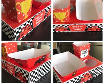 Modèle PDF Race Car Party Food Lunch Box w/ Hotdog Tray & Popcorn Box (Imprimable par vous / DIY) - Dimensions / détails dans la description