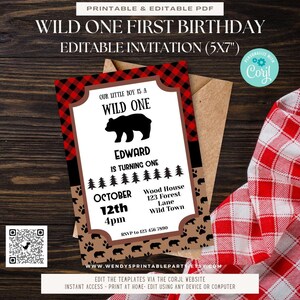 Lumberjack First Birthday printable set. With red and black plaid background and brown with black bears baby bear images.  Baby Boy party set . Inc invitation, welcome sign, thankyou card, gift tags, banner water bottle labels. Edit Corjl.