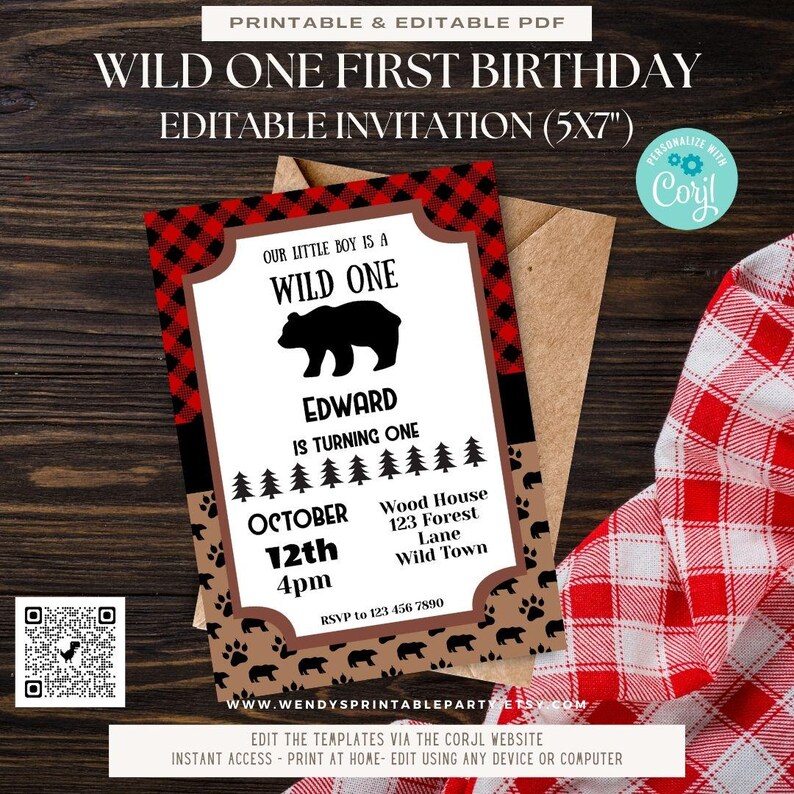 Lumberjack First Birthday printable set. With red and black plaid background and brown with black bears baby bear images.  Baby Boy party set . Inc invitation, welcome sign, thankyou card, gift tags, banner water bottle labels. Edit Corjl.