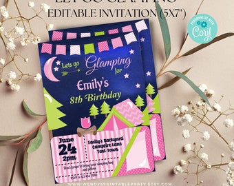 Let Go Glamping Party Invitation, Camping Girls, S'mores Backyard Party, Under The Stars, Girl Campout, Tent EDITABLE Corjl Instant Download