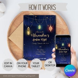 May include: An invitation design for an Arabian Night party. The invitation features a navy blue background with gold accents and hanging lanterns. The text reads "Join us for Alexandra's Arabian Night" with event details. A smartphone displays the invitation.