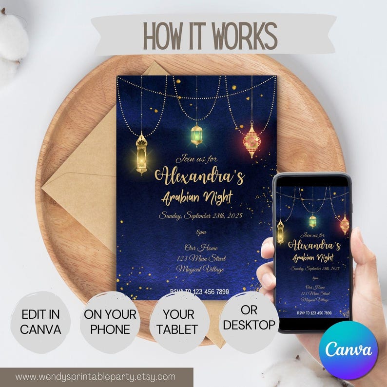 May include: An invitation design for an Arabian Night party. The invitation features a navy blue background with gold accents and hanging lanterns. The text reads "Join us for Alexandra's Arabian Night" with event details. A smartphone displays the invitation.