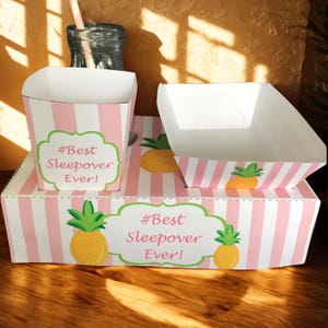 PDF template Pink / White Stripe Pineapple Party Food Lunch Box w/ Hotdog Tray & Popcorn Box (Printable by you /DIY) slumber birthday, tween