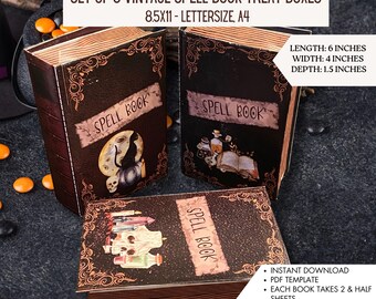 Juego de 3 cajas de golosinas con forma de libro de hechizos vintage (para imprimir) de descarga INSTANTÁNEA (para truco o trato, bruja mágica, decoración espeluznante de Halloween, caldero de dulces)