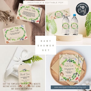 May include: Printable baby shower set with woodland animal illustrations. The set includes a thank you tag, a diaper raffle card, a book request card, a water bottle label, and an invitation. The invitation features the text "Please join us for a Baby Shower Honoring Hayley Smith Saturday, April 23, 2022 2pm-4pm The Woodland Cafe Forest Green".