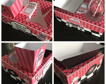 PDF template 50s / Movie/Cadillac Party Food Lunch Box with Hotdog Tray & Popcorn Box (Printable by you /DIY) size / details in description