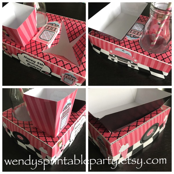 PDF template 50s / Movie/Cadillac Party Food Lunch Box with Hotdog Tray & Popcorn Box (Printable by you /DIY) size / details in description