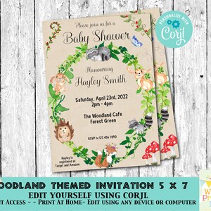 Woodland Theme Baby Shower Invitation. Text is fully editable. Has a cute Forest Animals theme with watercolour images in a neutral colour scheme perfect for gender neutral shower, birthday or gender reveal Woodland Creatures, Neutral Unisex theme