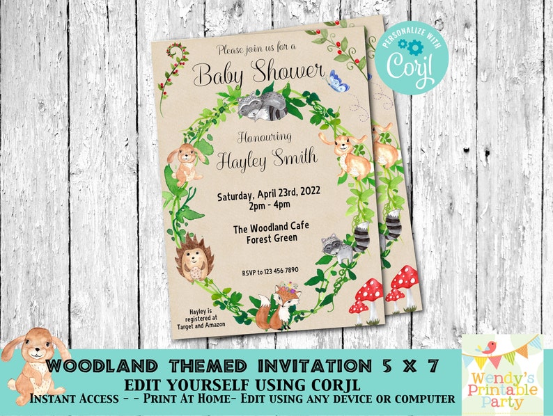 Woodland Theme Baby Shower Invitation. Text is fully editable. Has a cute Forest Animals theme with watercolour images in a neutral colour scheme perfect for gender neutral shower, birthday or gender reveal Woodland Creatures, Neutral Unisex theme
