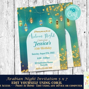 Arabian Nights themed editable invitation. in turquoise and gold. perfect for a teen party sweet 16, moroccan wedding and birthday. With turkish lamps