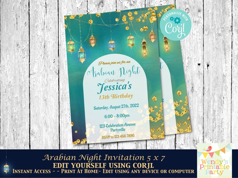 Arabian Nights themed editable invitation. in turquoise and gold. perfect for a teen party sweet 16, moroccan wedding and birthday. With turkish lamps