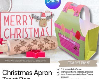 Editable - Vintage Pink and Green Apron Treat Bag, Christmas Apron Bakery Box, Favor Bag / Secret Santa, Cookies Classroom (printable / PDF)