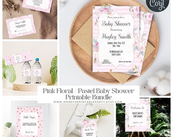 Pink Pastel & Floral Baby Shower bundle, Baby Toys, Storks, Its a Girl, Sweet Girl, Special delivery, Invite editable Corjl Instant Download