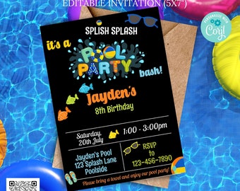 Pool Party Invitation, Summer Party, Swimming Pool Birthday, Flip Flops Beach Ball Inflatables, Splash Splash Party, Customised EDITABLE