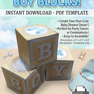 Può includere: Blocchi fai-da-te per baby boy con la parola "BOY" su tre blocchi di legno. Ogni blocco misura 6,35 cm x 6,35 cm x 6,35 cm e presenta un design di scarpine per bambini. Per decorazioni baby shower.