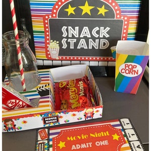 Instant Download - PDF template Kids Rainbow Themed Movie Night / Cinema Set (Printable by you /DIY) - Details in description, popcorn