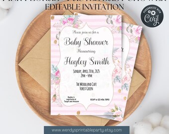 Girl Pink Floral Pastel Baby Shower Invitation watercolor, Storks, Its a Girl, Sweet Girl, Special delivery editable Corjl Instant Download