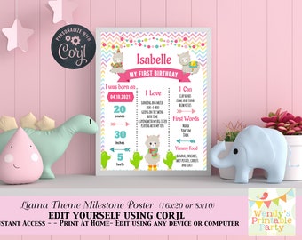 EDITABLE - Llama (Girls) Birthday Milestone Prop, Corjl Edit,  Instant Download, PDF & Jpeg template- details in description