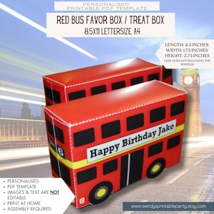PDF template of Personalized Red Bus favor box (printable by you & DIY) London or Vehicle-Themed Birthday, School and Classroom Events Gift