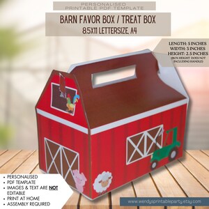 May include: Printable PDF template for a barn-themed favor box or treat box. The box is red with white stripes and features a farm scene with a rooster, pig, sheep, and a green tractor. The box measures 5 inches long, 3 inches wide, and 2.5 inches high. The text "PERSONALISED PRINTABLE PDF TEMPLATE BARN FAVOR BOX / TREAT BOX 8.5X11 LETTERSIZE, A4 LENGTH: 5 INCHES WIDTH: 3 INCHES HEIGHT: 2.5 INCHES (BOX HEIGHT DOES NOT INCLUDING HANDLE) PERSONALISED PDF TEMPLATE IMAGES & TEXT ARE NOT EDITABLE PRINT AT HOME ASSEMBLY REQUIRED www.wendysprintableparty.etsy.com" is printed on the box.