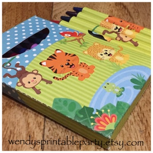 Cute Jungle Animals themed crayon box and matching crayon wrappers PDF templates. Include personalised message on the back. Great for a boy or girl jungle, explorer or craft idea school.  Includes jungle images tiger monkey parrot leopard