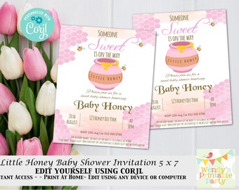 Little Honey Theme Baby Shower Invitation, Mommy To Bee Baby Shower, Bumble Bee, Honeycomb, Pink Baby Girl EDITABLE Corjl Instant Download