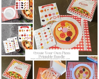 May include: A printable pizza party bundle featuring pizza boxes, order tickets, and topping charts. The pizza illustrations include various toppings like pepperoni, mushrooms, and onions. The text "Create Your Own Pizza Printable Bundle" is visible.