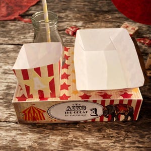 PDF template Vintage Circus with Elephant Party Food Lunch Box w/ Hotdog Tray & Popcorn Box (Printable by you) Carnival Birthday Parties
