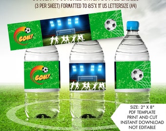 Soccer / Football Water Bottle Labels, Sports Day, Soccer Ball, Match Day, Drink, Football Decor, Birthday, Print & Cut Instant Download PDF