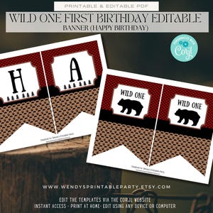 Lumberjack First Birthday printable set. With red and black plaid background and brown with black bears baby bear images.  Baby Boy party set . Inc invitation, welcome sign, thankyou card, gift tags, banner water bottle labels. Edit Corjl.