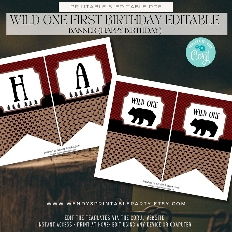 Lumberjack First Birthday printable set. With red and black plaid background and brown with black bears baby bear images.  Baby Boy party set . Inc invitation, welcome sign, thankyou card, gift tags, banner water bottle labels. Edit Corjl.
